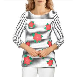 2/$15 Ruby Rd. Striped Poinsettia Top Boat Neck Holiday Christmas Size M